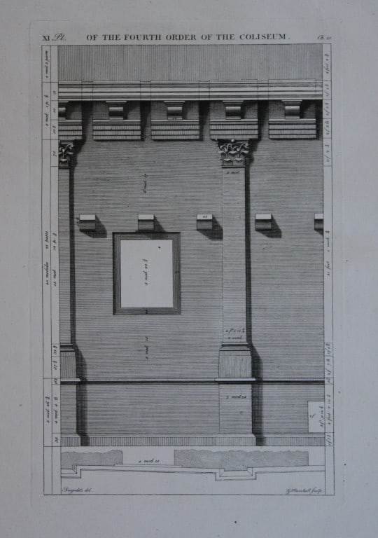 A Desgodetz - Engraving of the Fourth Order of the Coliseum 1771: This rare engraving is from The Ancient Buildings of Rome: Accurately Measured and Delineated Architecture by Anthony Desgodetz, Architect. Published by George Marshall, London 1771. The plates were d