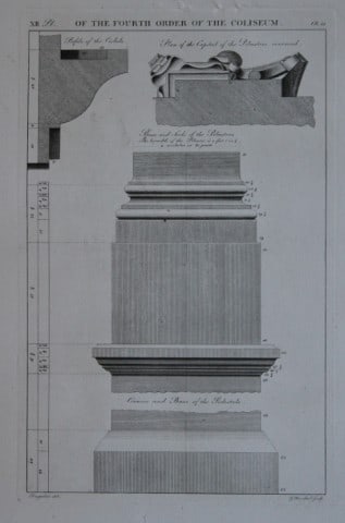 A Desgodetz - Engraving of the Fourth Order of the Coliseum 1771: This rare engraving is from The Ancient Buildings of Rome: Accurately Measured and Delineated Architecture by Anthony Desgodetz, Architect. Published by George Marshall, London 1771. The plates were d