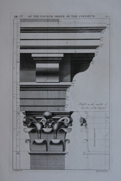 A Desgodetz - Engraving of the Fourth Order of the Coliseum 1771: This rare engraving is from The Ancient Buildings of Rome: Accurately Measured and Delineated Architecture by Anthony Desgodetz, Architect. Published by George Marshall, London 1771. The plates were d