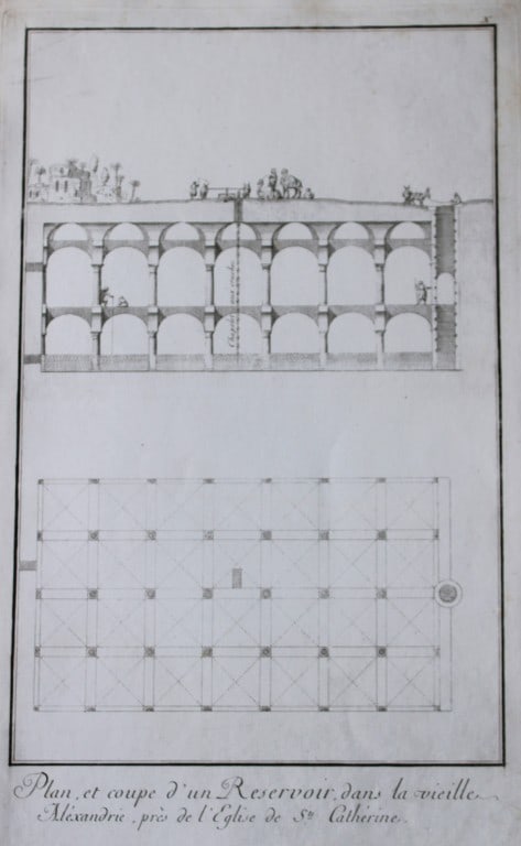 Plan of reservoir in Alexandria by Capt FL Norden 1792: This copperplate engraving is from The Antiquities, Natural History, Ruins and Other Curiosities of Egypt, Nubia and Thebes by Frederic Lewis (or Ludvig) Norden. Printed for Edward Jeffreys, London 17
