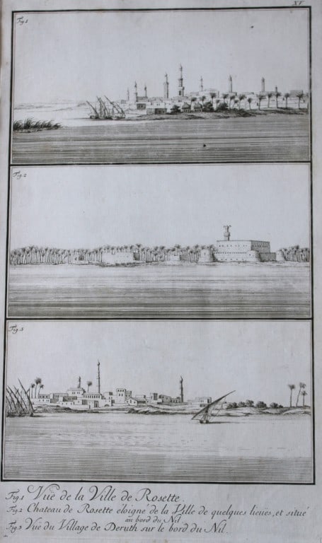 Ville de Rosette by Capt FL Norden 1792: This copperplate engraving is from The Antiquities, Natural History, Ruins and Other Curiosities of Egypt, Nubia and Thebes by Frederic Lewis (or Ludvig) Norden. Printed for Edward Jeffreys, London 17