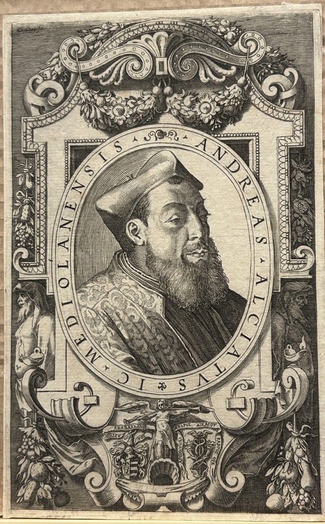 Andreas Alciatus - Engraving after woodcut from Emblematum Liber 1531: Andreas Alciatus - Engraving after woodcut from Emblematum Liber 1531.19th Century Engraving, after woodcuts by Hans Schaufelein based on a drawing by the Augsburg painter Jorg Breu.Published Paris: c