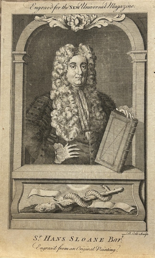 B Cole engraving of Sir Hans Sloane 1754: B Cole engraving of Sir Hans Sloane 1754. This engraving of Sir Hans Sloane, 1st Baronet (1660-1753), an Anglo-Irish physician, naturalist, and collector, was engraved by B. Cole for the New Universal