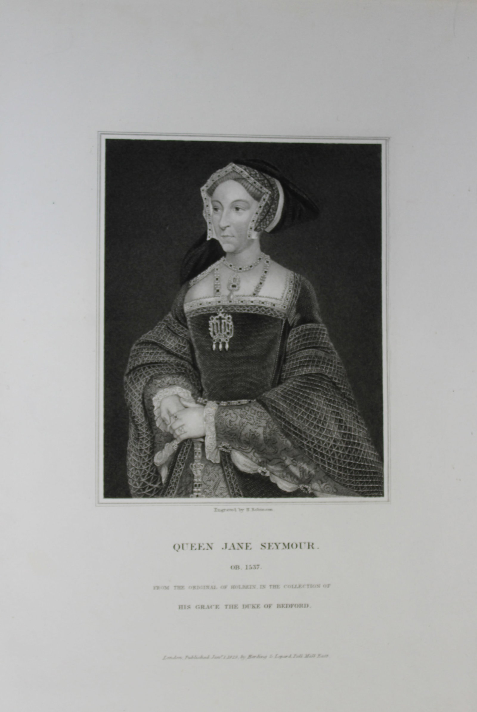 Edward Lodge - Queen Jane Seymour engraved by H Robinson 1835: This engraving is from Portraits and Memoirs of the Most Illustrious Personages of British History by Edmund Lodge. Published by Harding and Lepard, London 1835.Engraved from authentic pictures in the