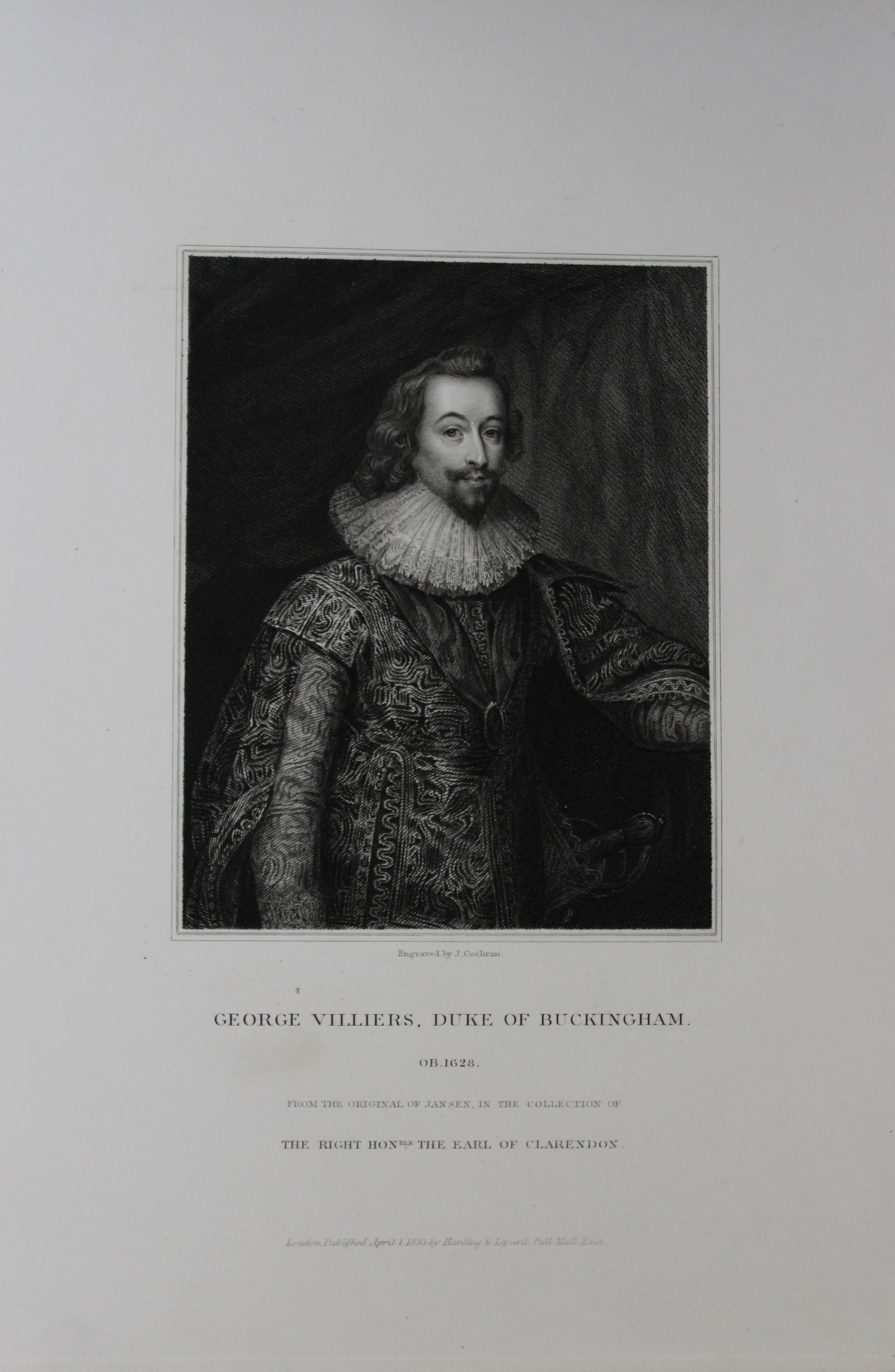 Edward Lodge - George Villiers engraved by J Cochran 1835: This engraving is from Portraits and Memoirs of the Most Illustrious Personages of British History by Edmund Lodge. Published by Harding and Lepard, London 1835.Engraved from authentic pictures in the