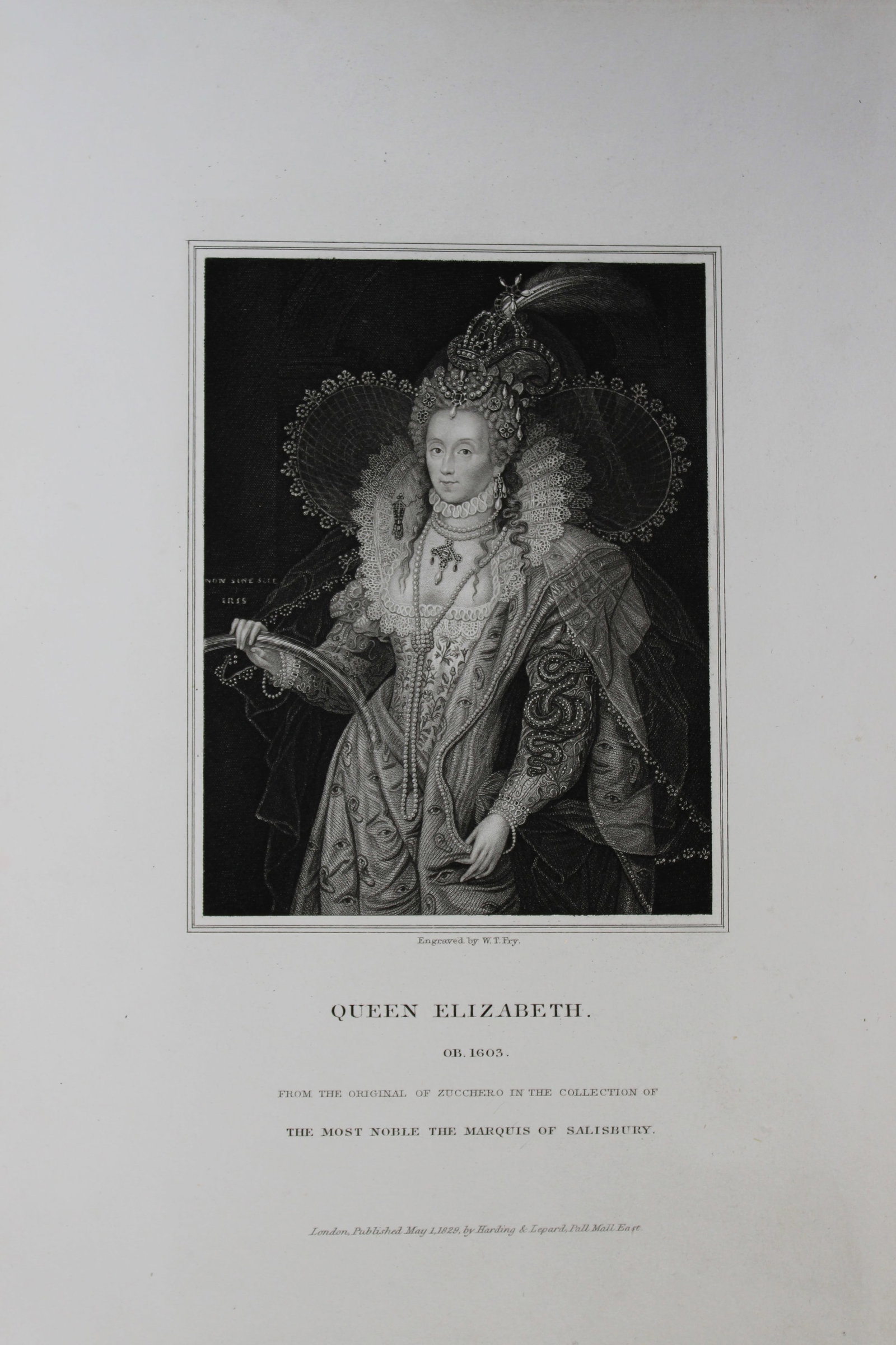 Edward Lodge - Queen Elizabeth I engraved by WT Fry 1835: This engraving is from Portraits and Memoirs of the Most Illustrious Personages of British History by Edmund Lodge. Published by Harding and Lepard, London 1835.Engraved from authentic pictures in the
