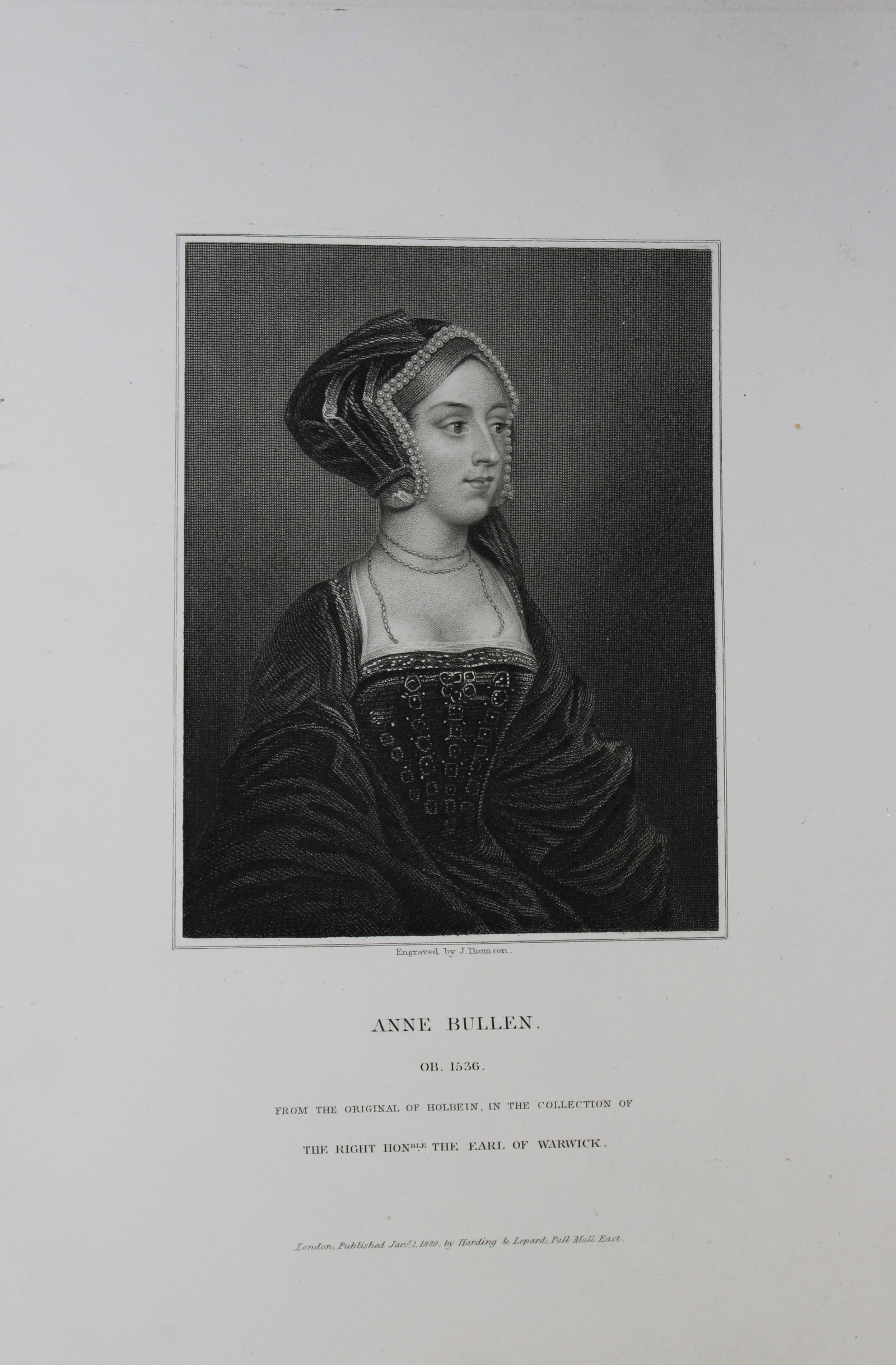 Edward Lodge - Queen Anne Bullen engraved by J Thomson 1835: This engraving is from Portraits and Memoirs of the Most Illustrious Personages of British History by Edmund Lodge. Published by Harding and Lepard, London 1835.Engraved from authentic pictures in the
