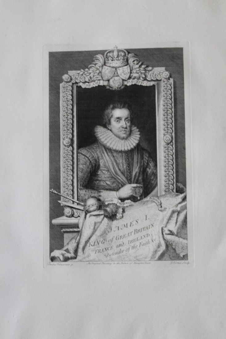 George Vertue - Rare folio engraving of James I 1736: A rare original large format engraving by George Vertue from The Heads of the Kings of England proper for Mr. Rapin's History. Published by James, John, and Paul Knapton 1736. Originally issued in Rap