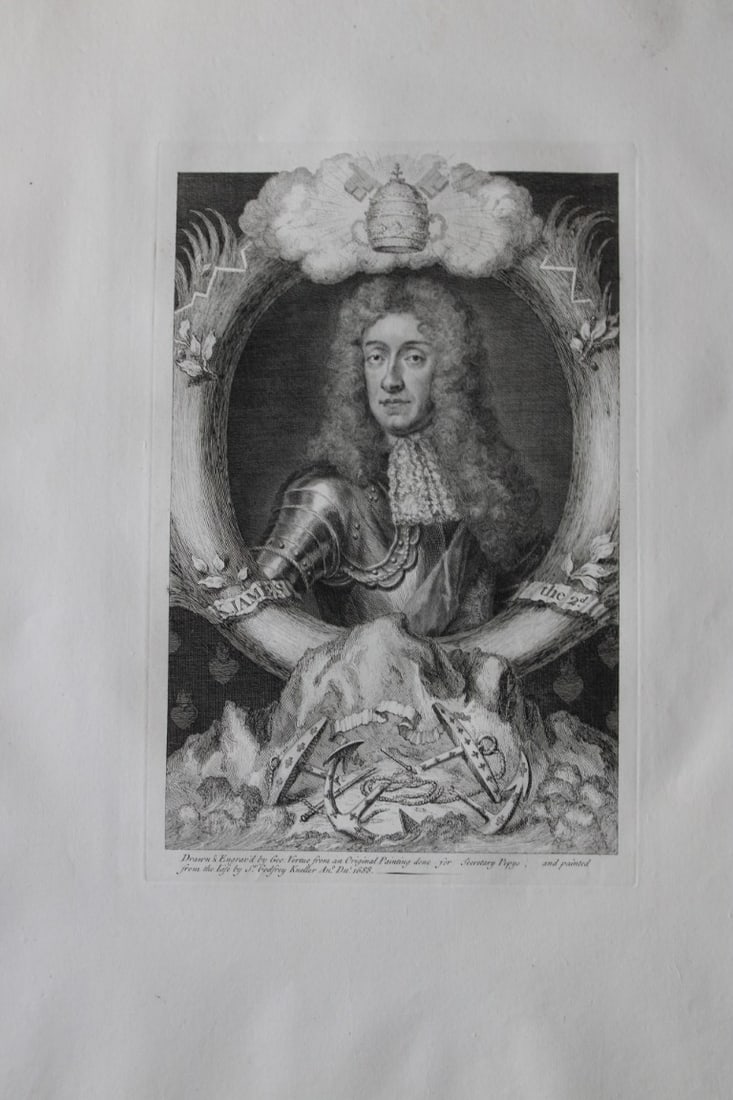 George Vertue - Rare folio engraving of James II 1736: A rare original large format engraving by George Vertue from The Heads of the Kings of England proper for Mr. Rapin's History. Published by James, John, and Paul Knapton 1736. Originally issued in Rap