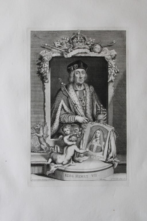 George Vertue - Rare folio engraving of Henry VII I 1736: A rare original large format engraving by George Vertue from The Heads of the Kings of England proper for Mr. Rapin's History. Published by James, John, and Paul Knapton 1736. Originally issued in Rap