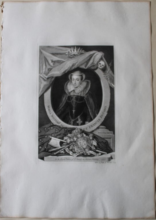 George Vertue - Rare folio engraving of Mary, Queen of Scots 1736: A rare original large format engraving by George Vertue from The Heads of the Kings of England proper for Mr. Rapin's History. Published by James, John, and Paul Knapton 1736. Originally issued in Rap