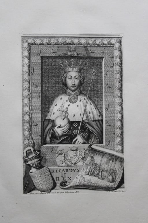 George Vertue - Rare folio engraving of Richard II 1736: A rare original large format engraving by George Vertue from The Heads of the Kings of England proper for Mr. Rapin's History. Published by James, John, and Paul Knapton 1736. Originally issued in Rap
