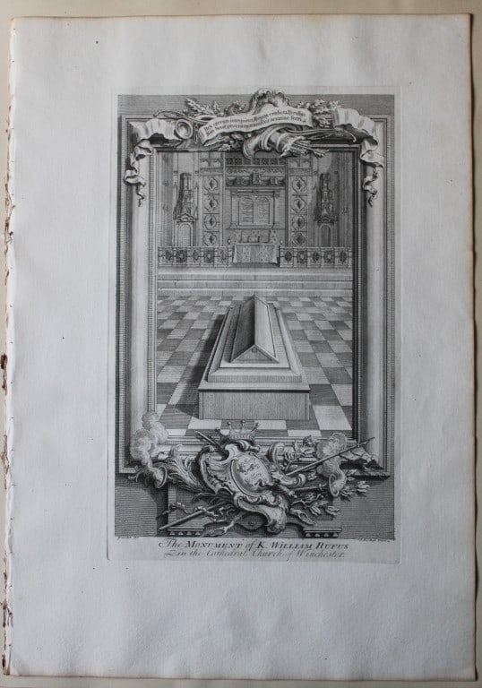 George Vertue - Rare folio engraving William Rufus monument 1736: A rare original large format engraving by George Vertue from The Heads of the Kings of England proper for Mr. Rapin's History. Published by James, John, and Paul Knapton 1736. Originally issued in Rap