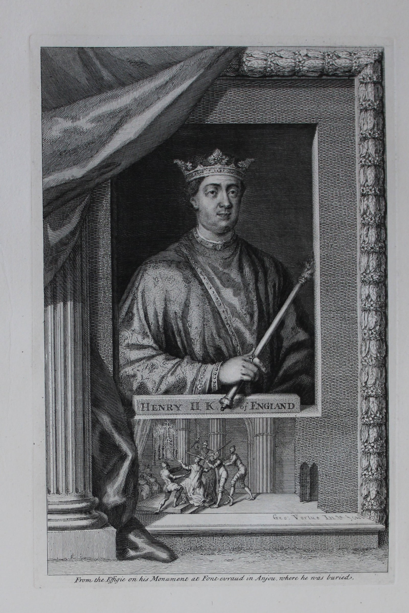 George Vertue - Rare folio engraving of Henry II 1736: A rare original large format engraving by George Vertue from The Heads of the Kings of England proper for Mr. Rapin's History. Published by James, John, and Paul Knapton 1736. Originally issued in Rap