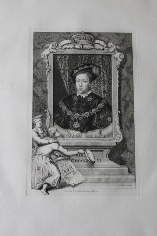 George Vertue - Rare folio engraving of Edward VI 1736: A rare original large format engraving by George Vertue from The Heads of the Kings of England proper for Mr. Rapin's History. Published by James, John, and Paul Knapton 1736. Originally issued in Rap