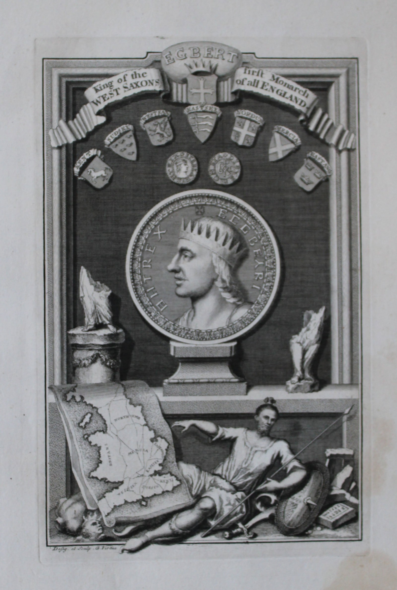 George Vertue - Rare folio engraving of Egbert, King of the Saxons 1736: A rare original large format engraving by George Vertue from The Heads of the Kings of England proper for Mr. Rapin's History. Published by James, John, and Paul Knapton 1736. Originally issued in Rap