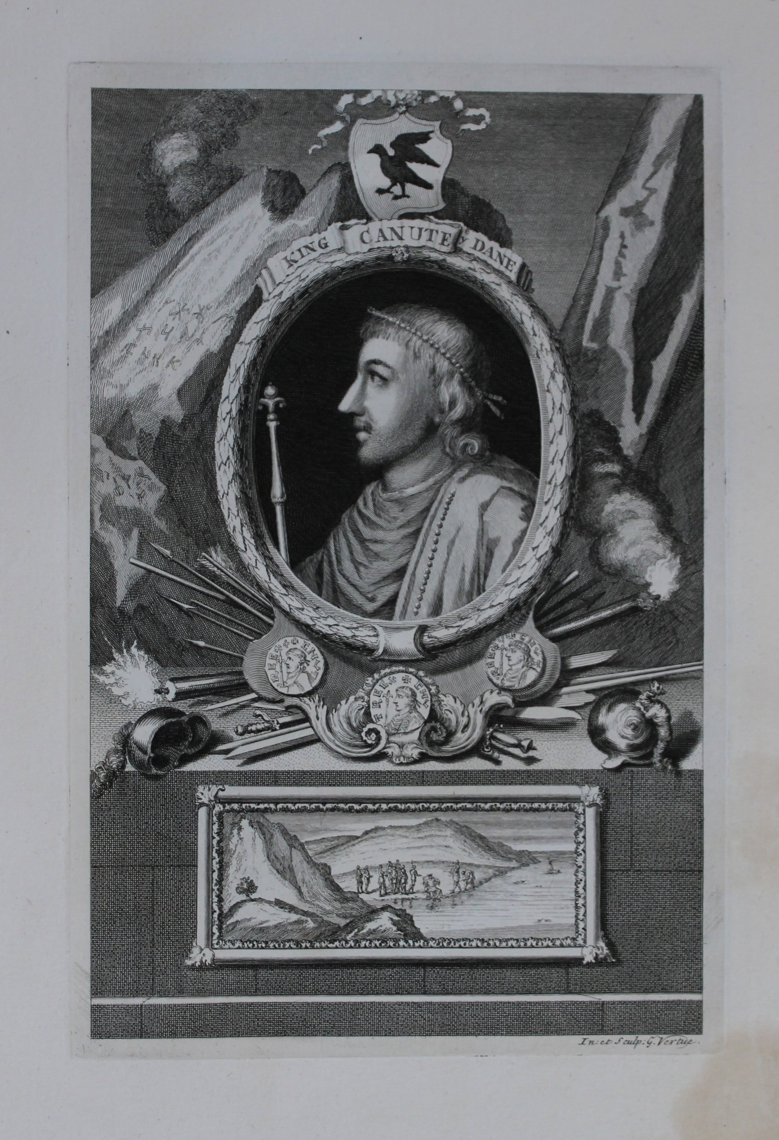 George Vertue - Rare folio engraving King Canute 1736: A rare original large format engraving by George Vertue from The Heads of the Kings of England proper for Mr. Rapin's History. Published by James, John, and Paul Knapton 1736. Originally issued in Rap