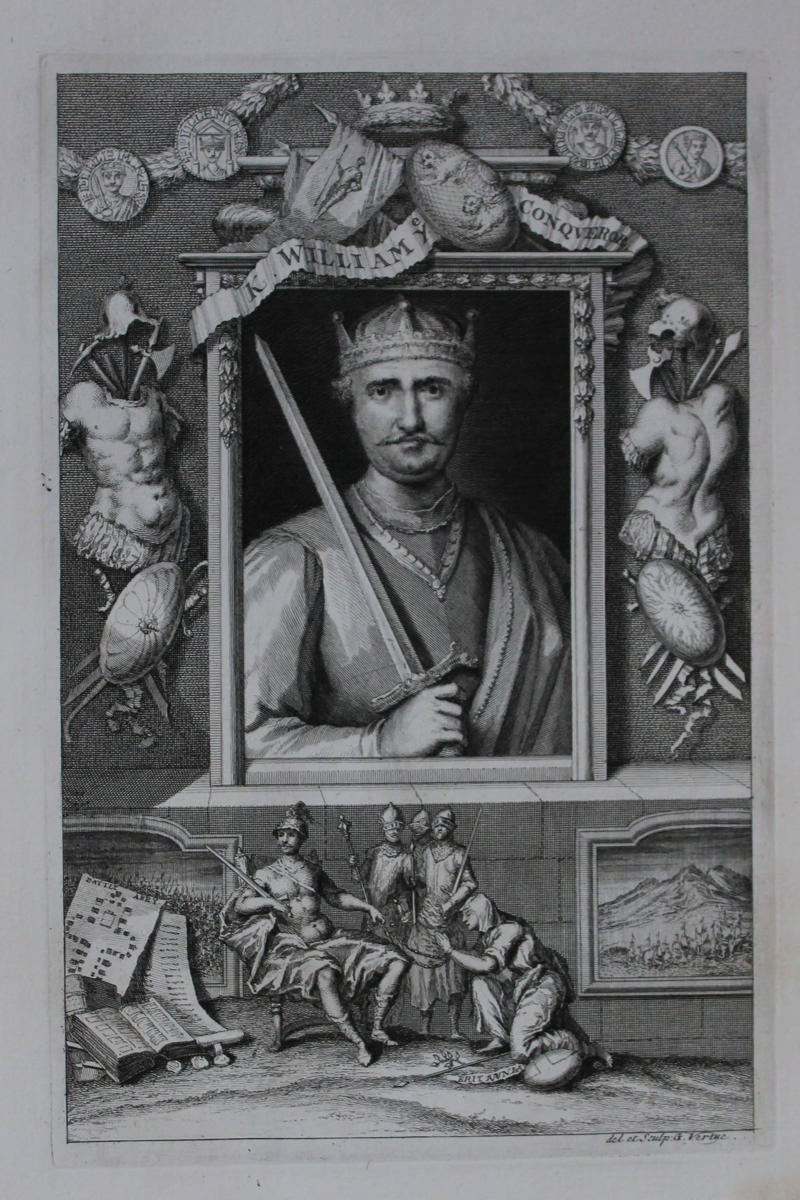 George Vertue - Rare folio engraving of William the Conquerer 1736: A rare original large format engraving by George Vertue from The Heads of the Kings of England proper for Mr. Rapin's History. Published by James, John, and Paul Knapton 1736. Originally issued in Rap
