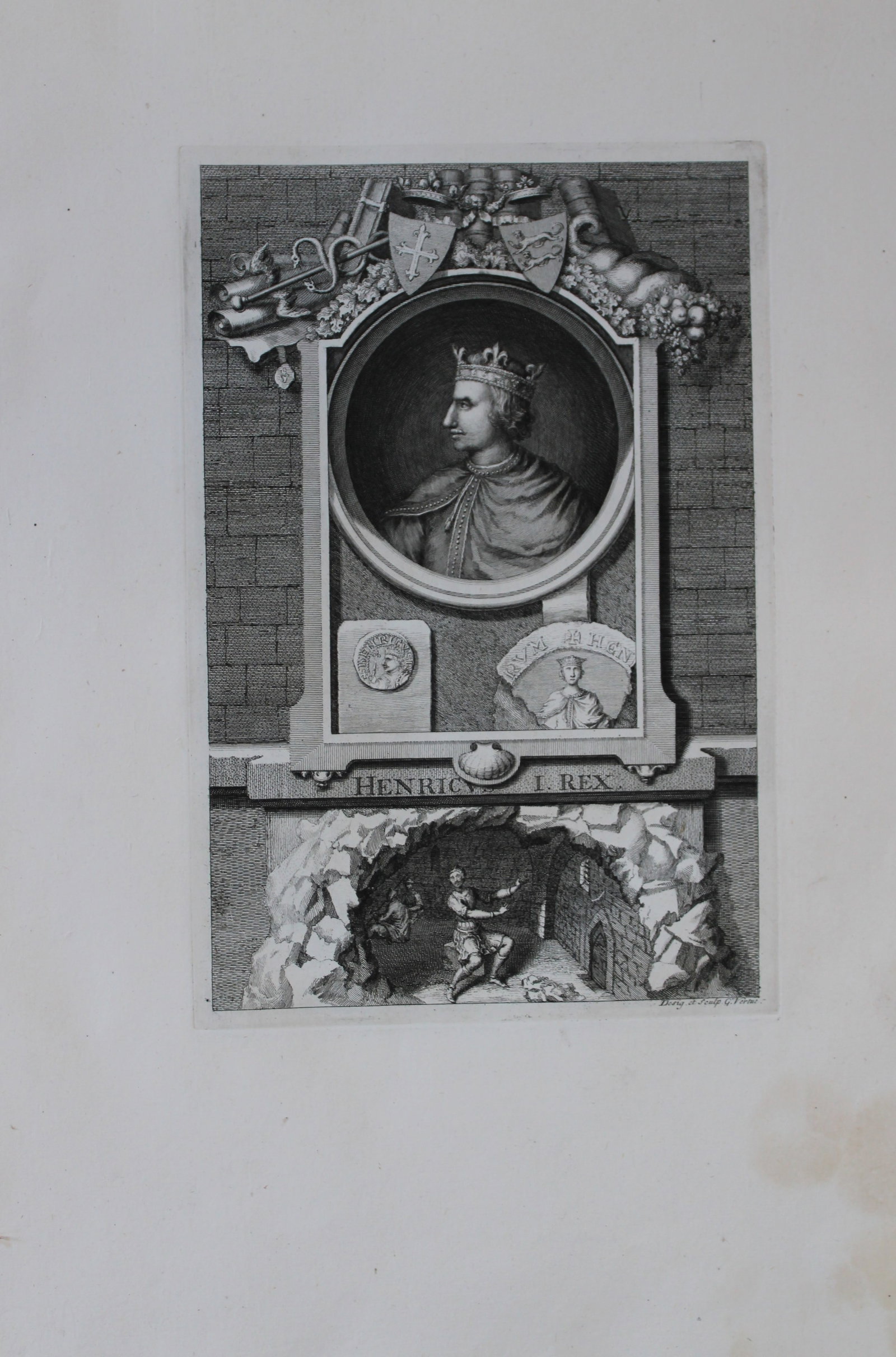 George Vertue - Rare folio engraving of Henry I 1736: A rare original large format engraving by George Vertue from The Heads of the Kings of England proper for Mr. Rapin's History. Published by James, John, and Paul Knapton 1736. Originally issued in Rap