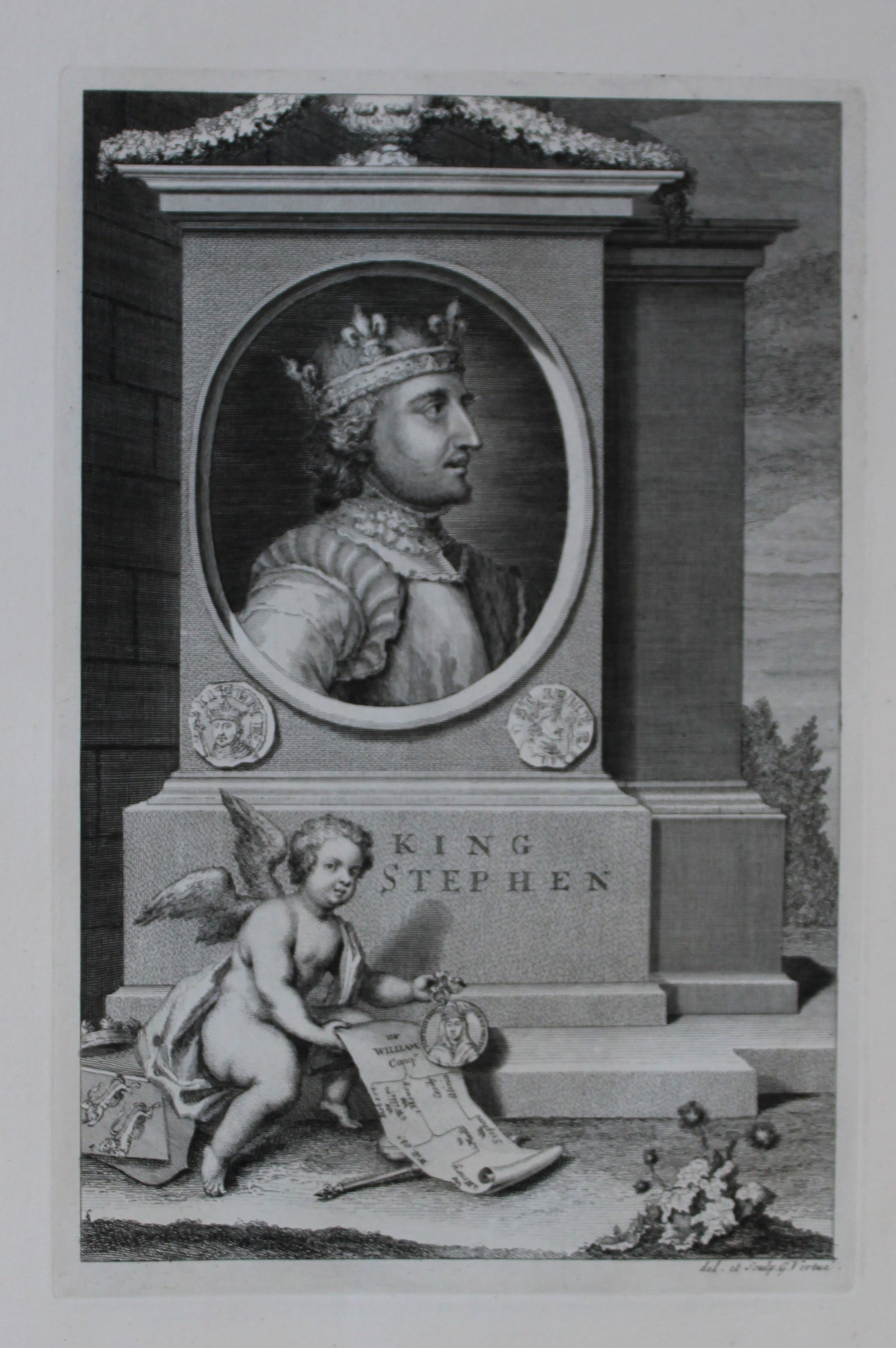 George Vertue - Rare folio engraving King Stephen 1736: A rare original large format engraving by George Vertue from The Heads of the Kings of England proper for Mr. Rapin's History. Published by James, John, and Paul Knapton 1736. Originally issued in Rap