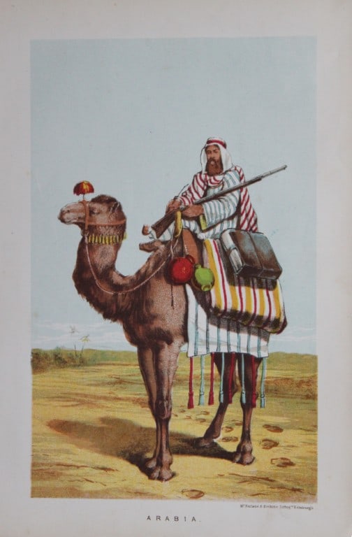 William McFarlane - Lithograph of Arabia 1872: Lithograph entitled Arabia of an Arab man on a camel by William McFarlane, Edinburgh 1872.Size: 6.5in x 9.6in (17cm x 24.5cm)