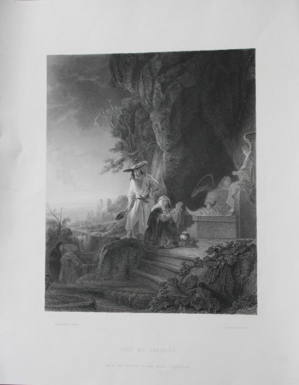 Rembrandt - Noli me tangere engraved by G Levy 1857: This engraving by Gustave Levy entitled Noli Me Tangere (Touch me not) depicting Christ and Mary Magdalen at the Tomb after a painting by Rembrandt Van Rijn 1857.Size: 9.25in x 13 in (23.5cm x 33cm)