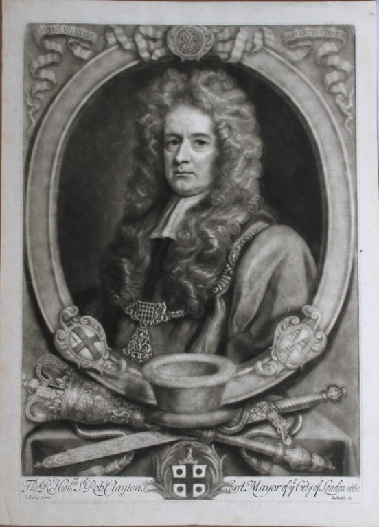 John Riley - Engraving of Sir Rob Clayton by John Smith c1685: Mezzotint engraving of the Rt. Hon. Sir Robert Clayton engraved by John Smith after John Riley, c1685. Sir Robert Clayton, Lord Mayor of London in 1680, wearing a wig and chain. Size: approx. 16in x 1