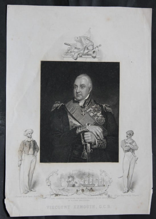 W Owen RA - Engraving of Viscount Exmouth by J Rogers c1830: A bust-length portrait by William Owen and engraved by J Rogers of Edward Pellew, 1st Viscount Exmouth (1757?1833) in admiral?s full-dress uniform, published by J and F Tallis c1830.Below the portrait