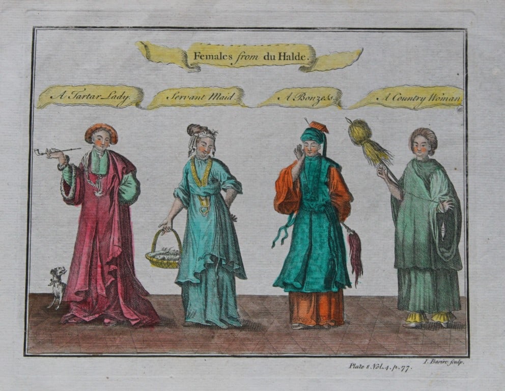 Isaac Basire - Chinese Females from de Halde 1745: Hand coloured engraving of Chinese females from Du Halde by Isaac Basire. This copperplate engraving is from A New General Collection of Voyages and Travels by John Green. Printed for Thomas Astley an