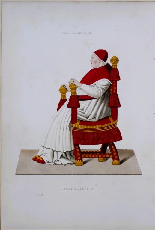 Henry Shaw - Hand-coloured engraving of Pope Sixtus IV 1858: This exquisite engraving is from Dresses and Decorations of the Middle Ages from The Seventh to The Seventeenth Centuries by Henry Shaw. Published by Henry G Bohn London, 1858.Sheet size: approximatel