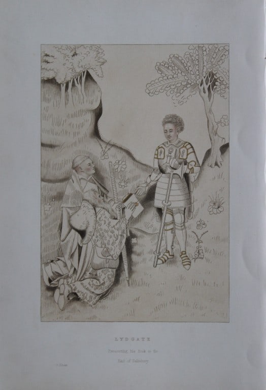 Henry Shaw - Hand-coloured engraving of Lydgate & Earl of Salisbury 1858: This exquisite engraving is from Dresses and Decorations of the Middle Ages from The Seventh to The Seventeenth Centuries by Henry Shaw. Published by Henry G Bohn London, 1858.Sheet size: approximatel