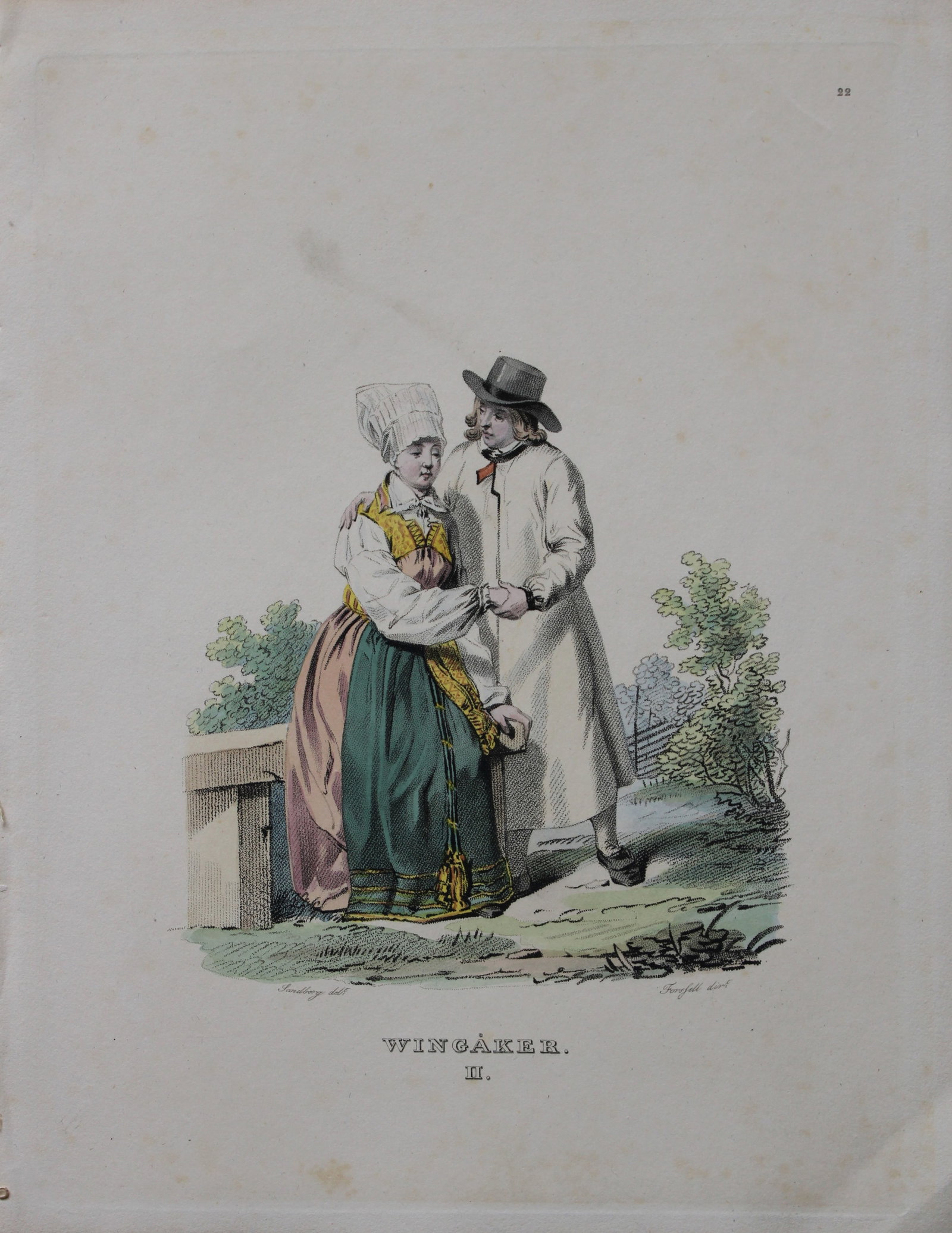 Sandberg - Hand coloured lithograph of Wingaker, Sweden by Forssell 1836: This hand-coloured lithograph of Swedish folk costumes and views is from Une Annee en Suede (A year in Sweden) by CD Forssell and JG Sandberg. Published by LJ Hjerta, Stockholm 1836.The plates depict 