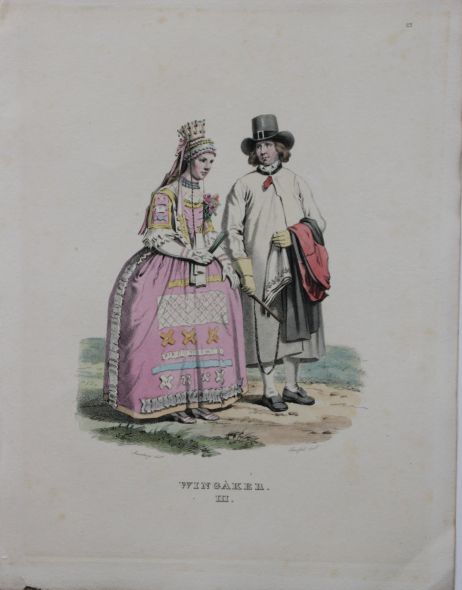 Sandberg - Hand coloured lithograph of Wingaker, Sweden by Forssell 1836: This hand-coloured lithograph of Swedish folk costumes and views is from Une Annee en Suede (A year in Sweden) by CD Forssell and JG Sandberg. Published by LJ Hjerta, Stockholm 1836.The plates depict 