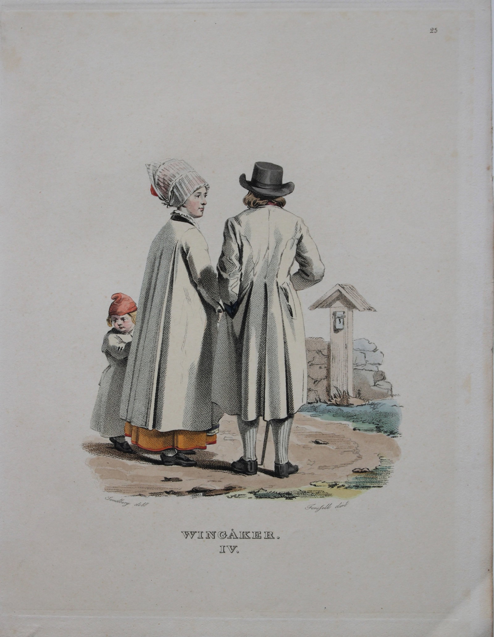 Sandberg - Hand coloured lithograph of Wingaker, Sweden by Forssell 1836: This hand-coloured lithograph of Swedish folk costumes and views is from Une Annee en Suede (A year in Sweden) by CD Forssell and JG Sandberg. Published by LJ Hjerta, Stockholm 1836.The plates depict 