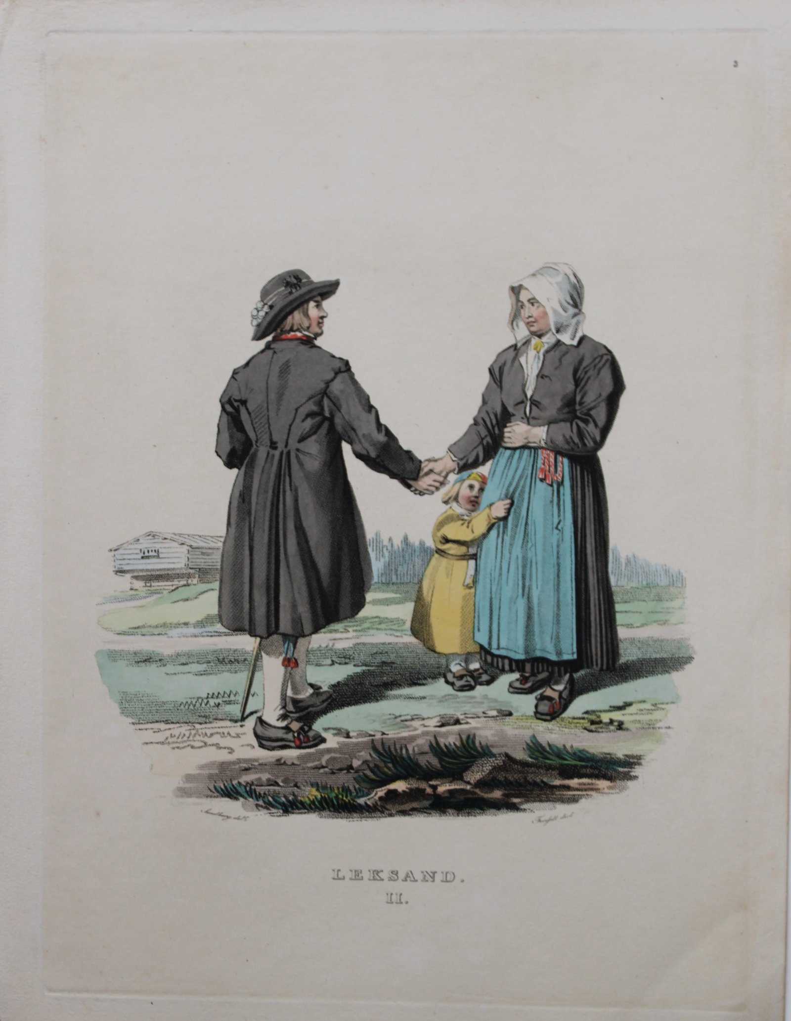 Sandberg - Hand coloured lithograph of Leksand folk, Sweden by Forssell 1836: This hand-coloured lithograph of Swedish folk costumes and views is from Une Annee en Suede (A year in Sweden) by CD Forssell and JG Sandberg. Published by LJ Hjerta, Stockholm 1836.The plates depict 