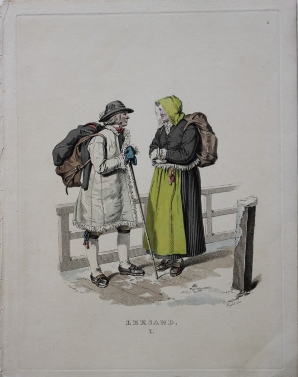 Sandberg - Hand coloured lithograph of Leksand folk, Sweden by Forssell 1836: This hand-coloured lithograph of Swedish folk costumes and views is from Une Annee en Suede (A year in Sweden) by CD Forssell and JG Sandberg. Published by LJ Hjerta, Stockholm 1836.The plates depict 
