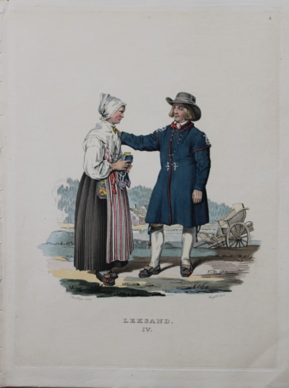 Sandberg - Hand coloured lithograph of Leksand folk, Sweden by Forssell 1836: This hand-coloured lithograph of Swedish folk costumes and views is from Une Annee en Suede (A year in Sweden) by CD Forssell and JG Sandberg. Published by LJ Hjerta, Stockholm 1836.The plates depict 