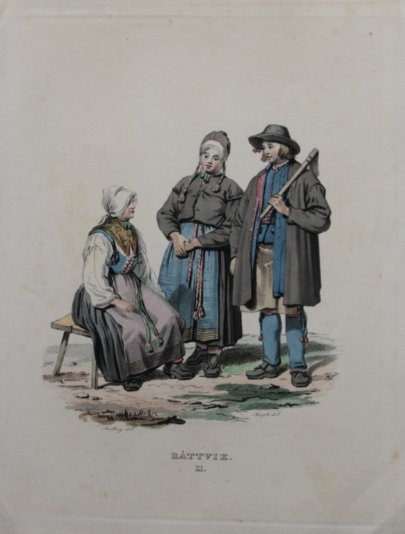 Sandberg - Hand coloured lithograph of Rattvik folk, Sweden by Forssell 1836: This hand-coloured lithograph of Swedish folk costumes and views is from Une Annee en Suede (A year in Sweden) by CD Forssell and JG Sandberg. Published by LJ Hjerta, Stockholm 1836.The plates depict 