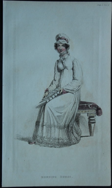 R Ackermann - Engraving of a Morning Dress 1816: These original hand coloured aquatint engravings are from Rudolf Ackermann's Repository of Arts, Literature, Fashions, Manufactures etc. Published 1 January 1816, London. Size: 5.4in x 9in (13.8cm x 2