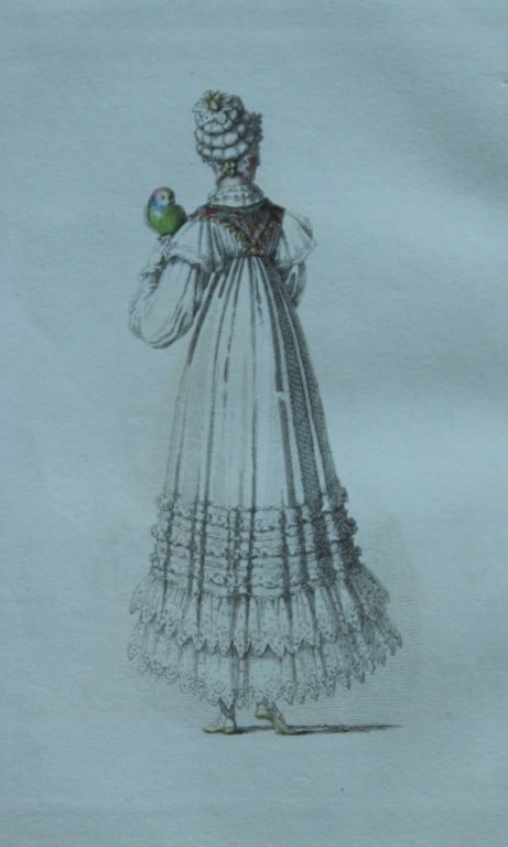 R Ackermann - Engraving of a Morning Dress 1816: These original hand coloured aquatint engravings are from Rudolf Ackermann's Repository of Arts, Literature, Fashions, Manufactures etc. Published 1 January 1816, London. Size: 5.4in x 9in (13.8cm x 2