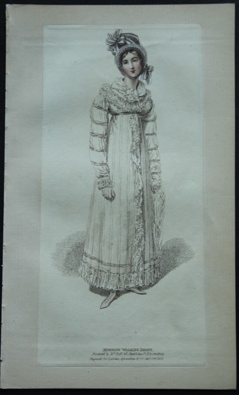 R Ackermann - Engraving of a Morning Dress 1816: These original hand coloured aquatint engravings are from Rudolf Ackermann's Repository of Arts, Literature, Fashions, Manufactures etc. Published 1 January 1816, London. Size: 5.4in x 9in (13.8cm x 2