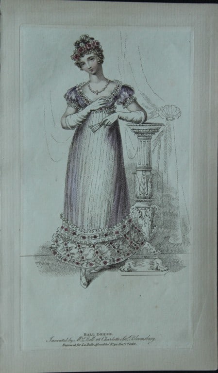 R Ackermann - Engraving of a Ball Dress 1816: These original hand coloured aquatint engravings are from Rudolf Ackermann's Repository of Arts, Literature, Fashions, Manufactures etc. Published 1 January 1816, London. Size: 5.4in x 9in (13.8cm x 2