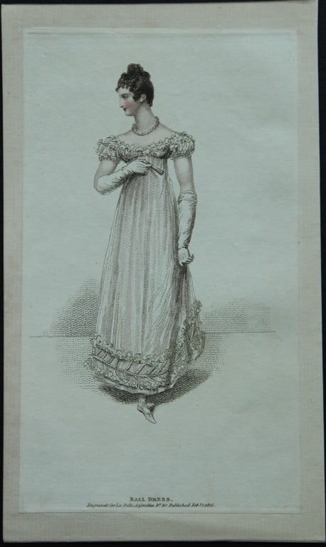 R Ackermann - Engraving of a Ball Dress 1816: These original hand coloured aquatint engravings are from Rudolf Ackermann's Repository of Arts, Literature, Fashions, Manufactures etc. Published 1 January 1816, London. Size: 5.4in x 9in (13.8cm x 2