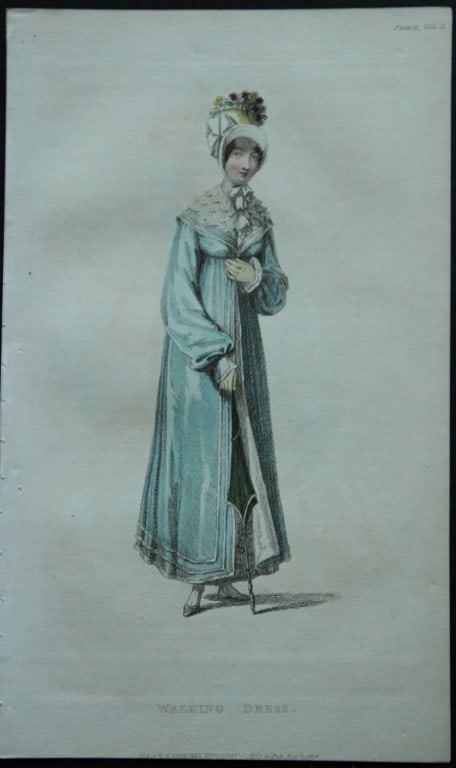 R Ackermann - Engraving of a Walking Dress 1816: These original hand coloured aquatint engravings are from Rudolf Ackermann's Repository of Arts, Literature, Fashions, Manufactures etc. Published 1 January 1816, London. Size: 5.4in x 9in (13.8cm x 2
