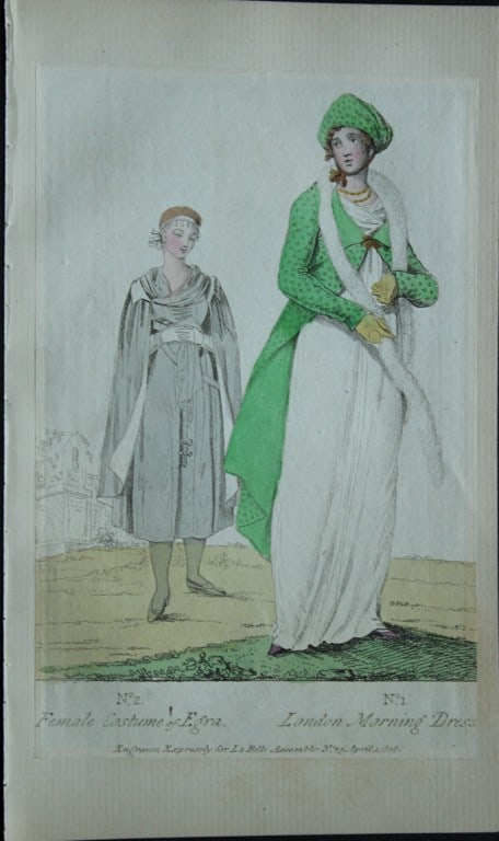 R Ackermann and R Sands - Engraving of London Dresses 1807: These original hand coloured aquatint engravings are from 1. Rudolf Ackermann's Repository of Arts, Literature, Fashions, Manufactures etc. Published 1 January 1816, London and 2. The Lady's Monthly M