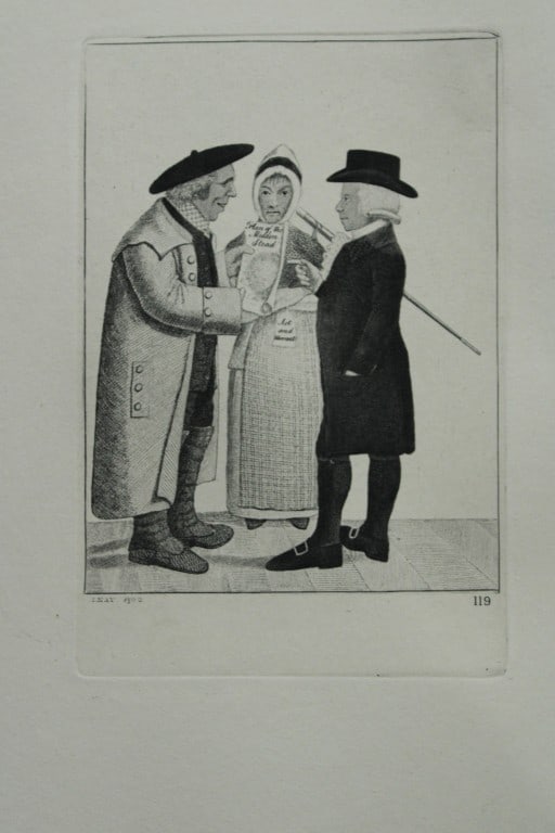 John Kay - Etching of a Scottish character 1877: This engraving is from A Series of Original Portraits and Caricature Etchings by John Kay. Published by Adam and Charles Black, Edinburgh, 1877. These prints feature: 1. Andrew Nicol 2. Andrew Nicol a