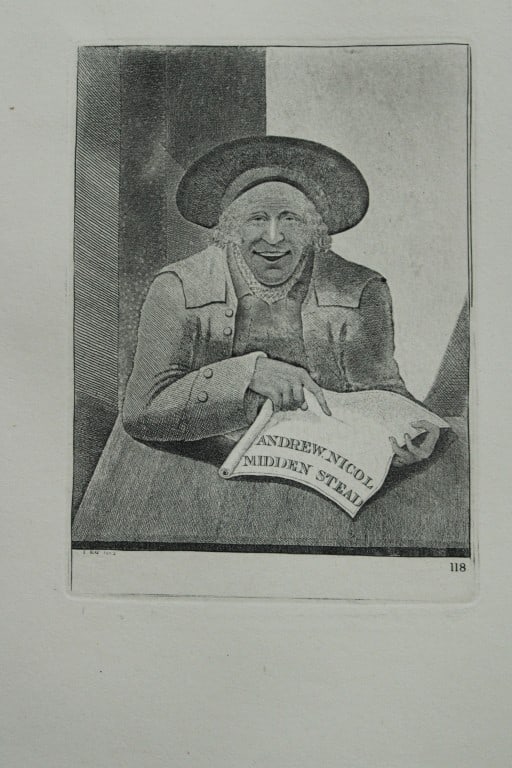 John Kay - Etching of a Scottish character 1877: This engraving is from A Series of Original Portraits and Caricature Etchings by John Kay. Published by Adam and Charles Black, Edinburgh, 1877. These prints feature: 1. Andrew Nicol 2. Andrew Nicol a