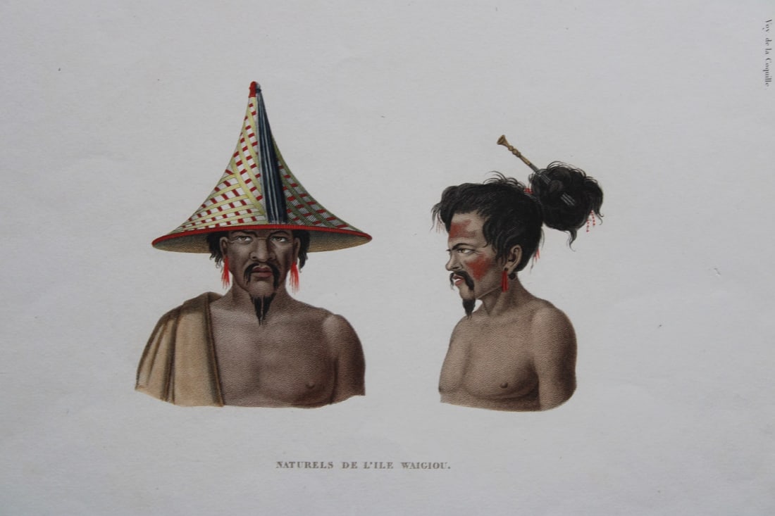 Louis-Isodore Duperrey - Native people of Waigeo Island 1826: This hand-coloured engraving of Naturels De L'ile Waigiou is from Voyage autour du monde, ex?cut? par ordre du Roi, sur la corvette de Sa Majest?, la Coquille, pendant les ann?es 1822, 1823, 1824 et 1