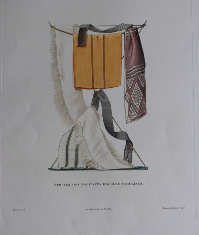 Louis-Isodore Duperrey - Fabrics of Inhabitants of Caroline Islands 1826: This hand-coloured engraving of Habitants Des Iles Carolines is from Voyage autour du monde, ex?cut? par ordre du Roi, sur la corvette de Sa Majest?, la Coquille, pendant les ann?es 1822, 1823, 1824 e