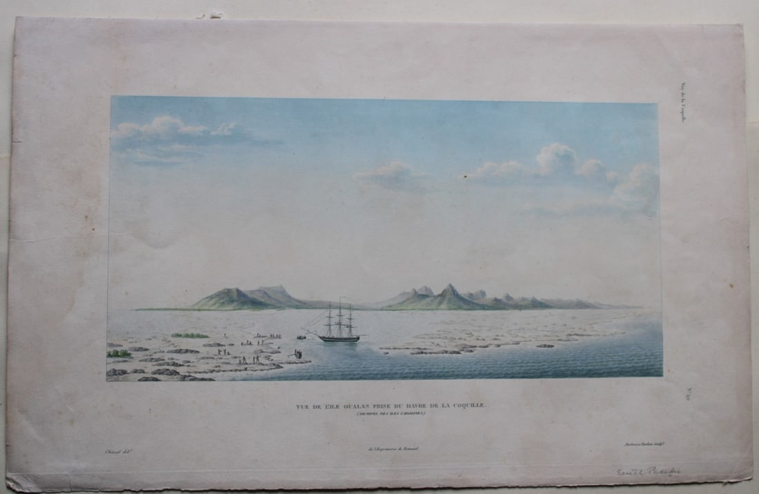 Louis-Isodore Duperrey - View of Oualan Island from La Coquille 1826: This hand-coloured engraving of Vue de l?ile Oualan de la Coquille is from Voyage autour du monde, execute par ordre du Roi, sur la corvette de Sa Majeste, la Coquille, pendant les ann?es 1822, 1823, 